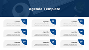 Grid style agenda template in blue, displaying nine sections with numbers and text descriptions.