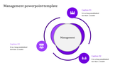 Management template with purple gradient circular design, featuring three icons and captions around a central label.
