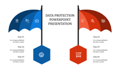 Blue and red umbrellas with icons depicting data protection steps, each featuring three steps below, in a balanced layout.