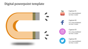Slide layout with an orange magnet pulling arrow shapes toward  four colorful social media icons arranged vertically.