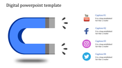 Blue and gray magnet on the left, attracting shapes with four social icons on the right in a vertical layout.