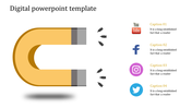 Yellow magnet in a digital PPT attracting social media logos like YouTube, Facebook, Instagram, and Twitter with captions.