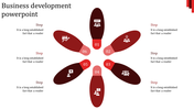 Business development PPT slide with six maroon petals arranged in a circular pattern, each representing a step with icons.