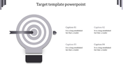 Gray target graphic with an arrow in the center, accompanied by four captions areas on the right side.