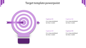 Circular purple target with a gradient arrow in the bullseye and four descriptive captions on the right.