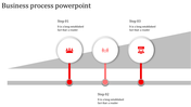 Horizontal layout featuring three white circles with red icons, connected by lines over a slanted gray background.