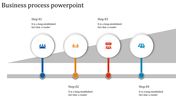 Slide featuring four white circles with blue, orange, red, and teal icons, connected by vertically over a slanted gray line.