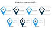 Marketing slide with seven diamond pointers in blue and navy hues, featuring icons and text on a white background.