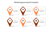 Marketing template with six orange and brown location pin markers, each connected to a rectangular text box.