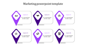 Marketing template with six purple and violet location pin markers, each connected to a rectangular text box and caption.