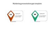 Marketing PowerPoint presentation template with two diamond shaped sections featuring icons and captions.