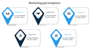 Marketing template with five location marker-shaped elements in blue and navy, each connected to a rectangular text box. 