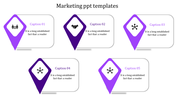Marketing template with five purple location markers, each connected to a text box containing icons and captions.