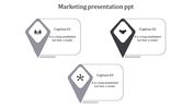 Triangular layout with three gray pins, each with a marketing icon and caption areas.