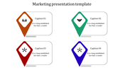 Marketing slide with four colored pointers in orange, green, red, and blue, featuring icons and caption boxes.