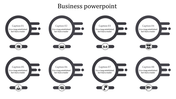 A business PowerPoint slide with eight sections, each with circular icons representing various business themes.