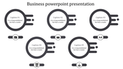 Gray themed slide with five circular elements featuring horizontal streaks and icons in a symmetrical layout.