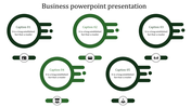 Business slide showcasing five green circles with dynamic streaks and various icons, arranged in a structured format.