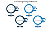 Business PowerPoint slide featuring blue circles with icons representing various business concepts with captions.