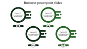 Business strategy flowchart featuring four interconnected circles in green, each containing and description, with icons.