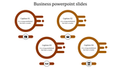 Four orange circular shapes with horizontal streaks on the right, featuring icons below, and captions inside.