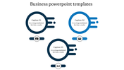 Three circular shapes in blue with icons and captions, organized in a simple triangular design.
