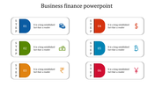 Business finance slide with six steps, each labeled with a financial symbol representing various icons.