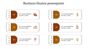 Business finance PowerPoint slide displaying six steps with icons for coins, cash, currency, Bitcoin, and Yen symbols.