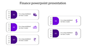Financial process slide featuring five steps, showing financial icons like stacked coins and currency symbols in a purple theme.