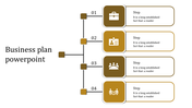 Business plan PowerPoint slide with four steps, each represented by icons for a briefcase, ID card, group, and meeting.