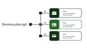 Green business plan PowerPoint slide showing three steps with icons representing a briefcase, ID, and people with text.