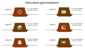 Education PowerPoint template with six brown colored steps, including icons with placeholder text.