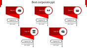Corporate infographic with five red banners, each featuring a title, circular icon, and connected captions below.