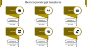 Professional slide design with six yellow pointer banners, each linked to captions and circular icons on a white background.