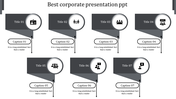 Corporate slide with eight step banners, circular icons, and captions arranged in two rows for visual alignment.