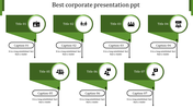 Best corporate PowerPoint template with seven green titles and corresponding captions with icons.