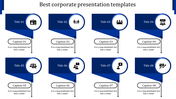Corporate PPT presentation template featuring eight blue titles with corresponding captions and icons.