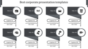 Corporate slide design showcasing eight gray banners with icons and descriptive captions on a clean white background.