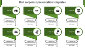 Business themed infographic with eight green horizontal banners, each featuring an icon and a caption connected by arrows.