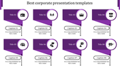 Infographic with eight purple banners and circular icons connected to corresponding captions through downward arrows.
