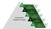 PowerPoint template featuring a green triangular layout with five steps, each containing an icon and placeholder text.