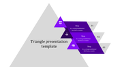 Three purple horizontal banners displaying steps, layered over a gray triangle background, representing process stages.