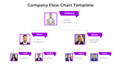 Company flowchart template showing hierarchy with CEO, managers, and employees in purple bordered boxes.