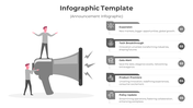 Gray themed infographic featuring a megaphone, human figures, and five numbered sections arranged vertically.