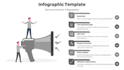 Visual infographic in gray tones with a megaphone, two figures, and six vertically aligned sections with icons.