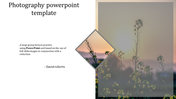 Photography themed template with a diamond shaped inset showcasing a sunset and wildflowers on a blurred background.