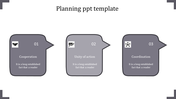 A grey toned PowerPoint template showcasing three sections from Cooperation to Coordination, each with matching icons.