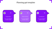 A purple toned PowerPoint template showcasing three sections from Cooperation to Coordination, each with matching icons.