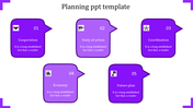 Five purple speech bubble shapes in a staggered layout, each representing a step with icons and sequential numbering.