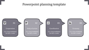 Planning slide with four sequential gray speech bubbles labeled 01 to 04, showcasing icons and descriptive placeholders.